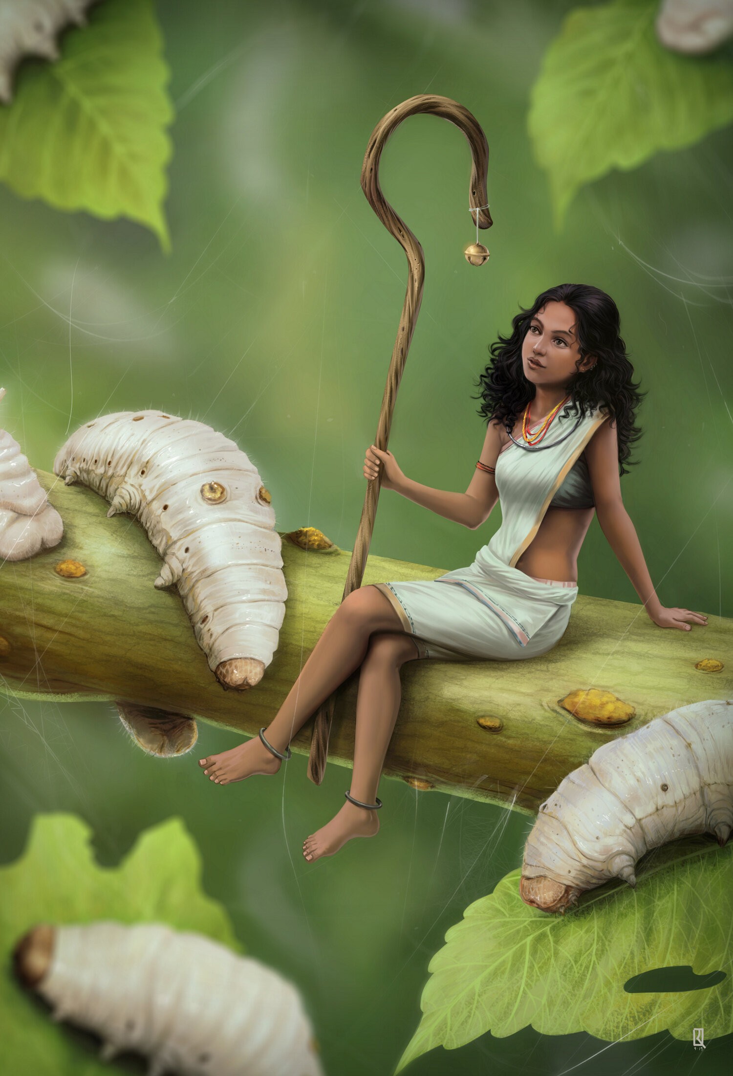 digital painting dipicting a Shepherdess sitting idly on a twig